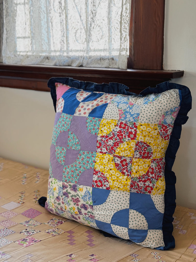 Patchwork Quilt Pillow Sham, Navy Blue Ruffle